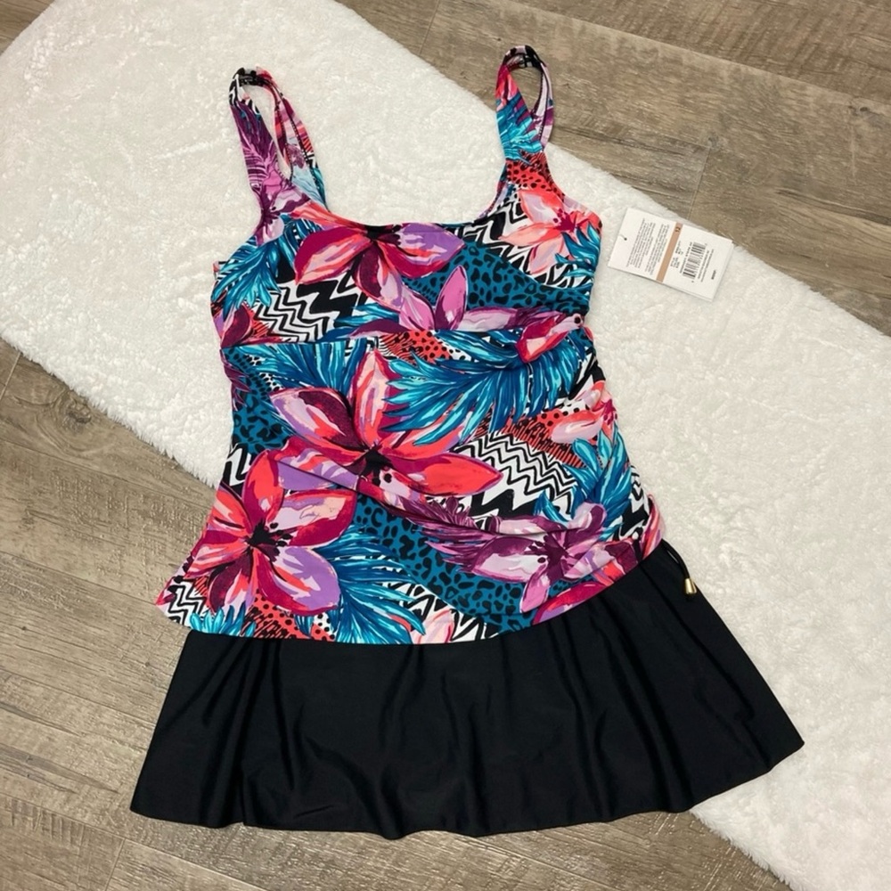 Floral Tankini Top with Black Skirt one piece Maxine of Hollywood NWT 12